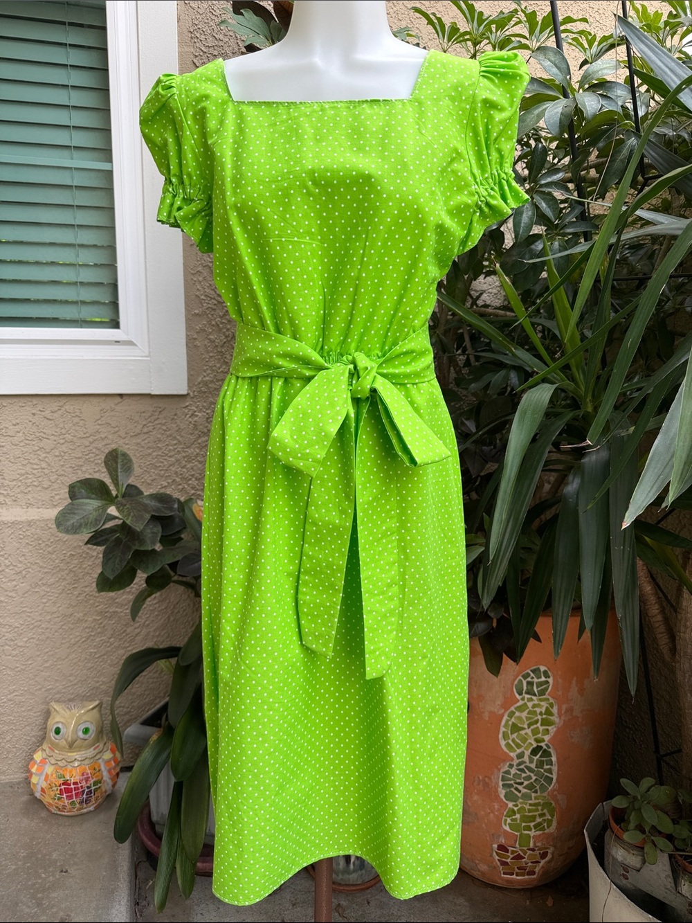 New Handmade Bright Green Polka Dot Belted Midi Pull Up Cotton Dress